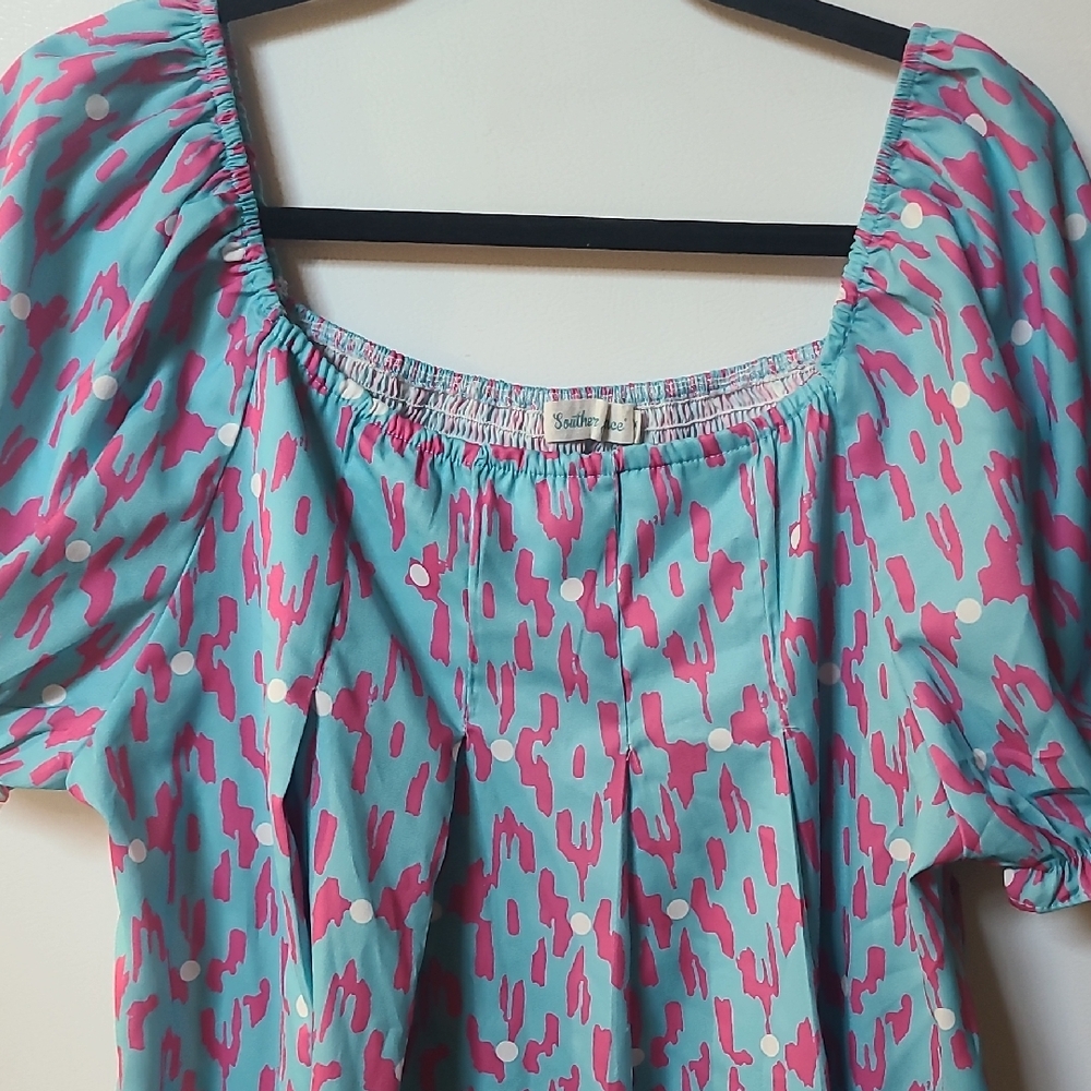 SOUTHERN GRACE Blue and Pink Patterned Babydoll Style Blouse